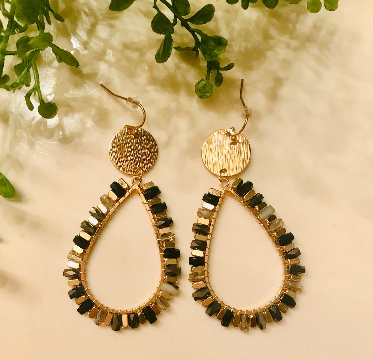 Beaded Black & Gold Teardrop Earrings
