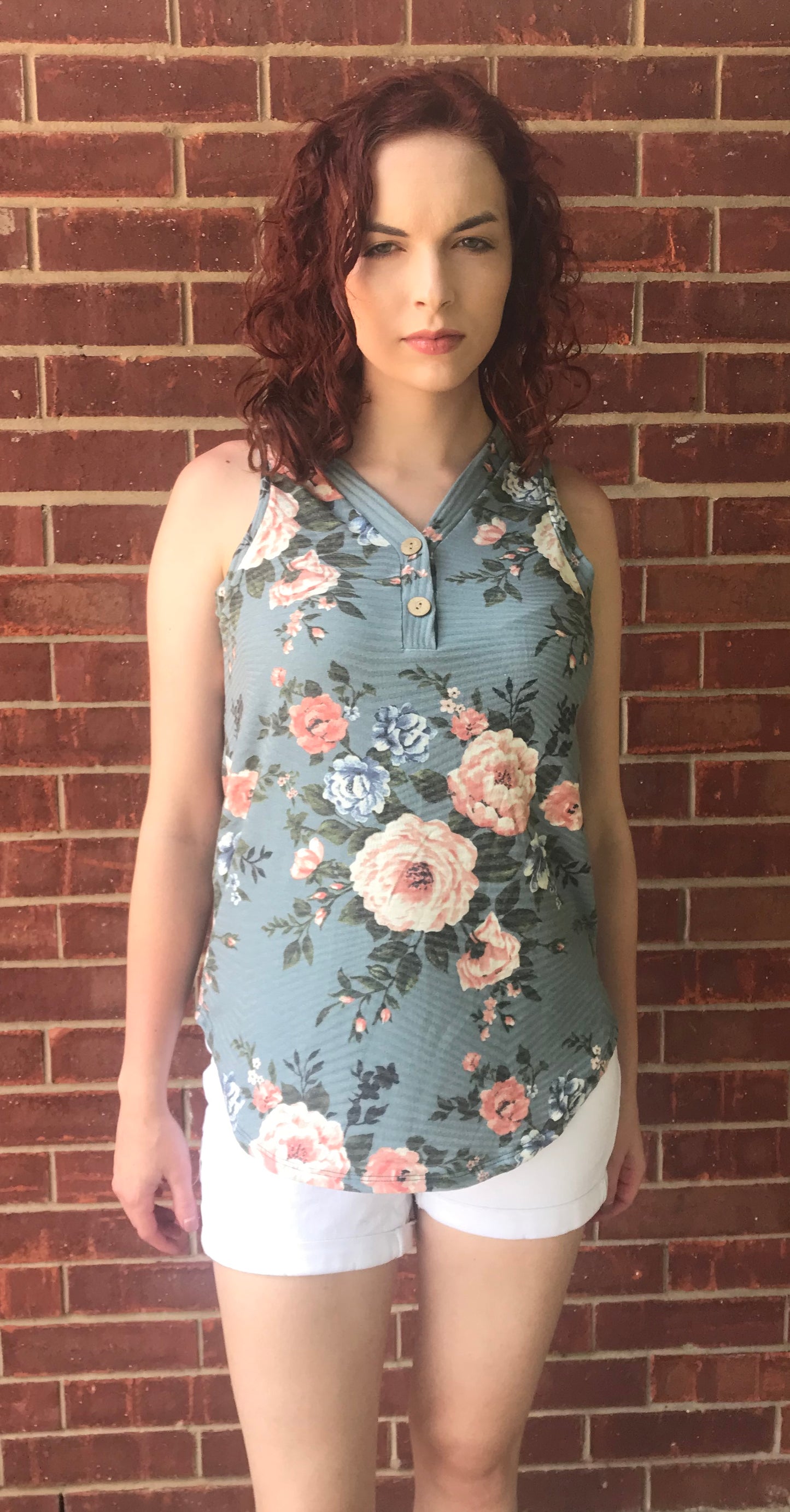 Denim Blue Floral Tank Top