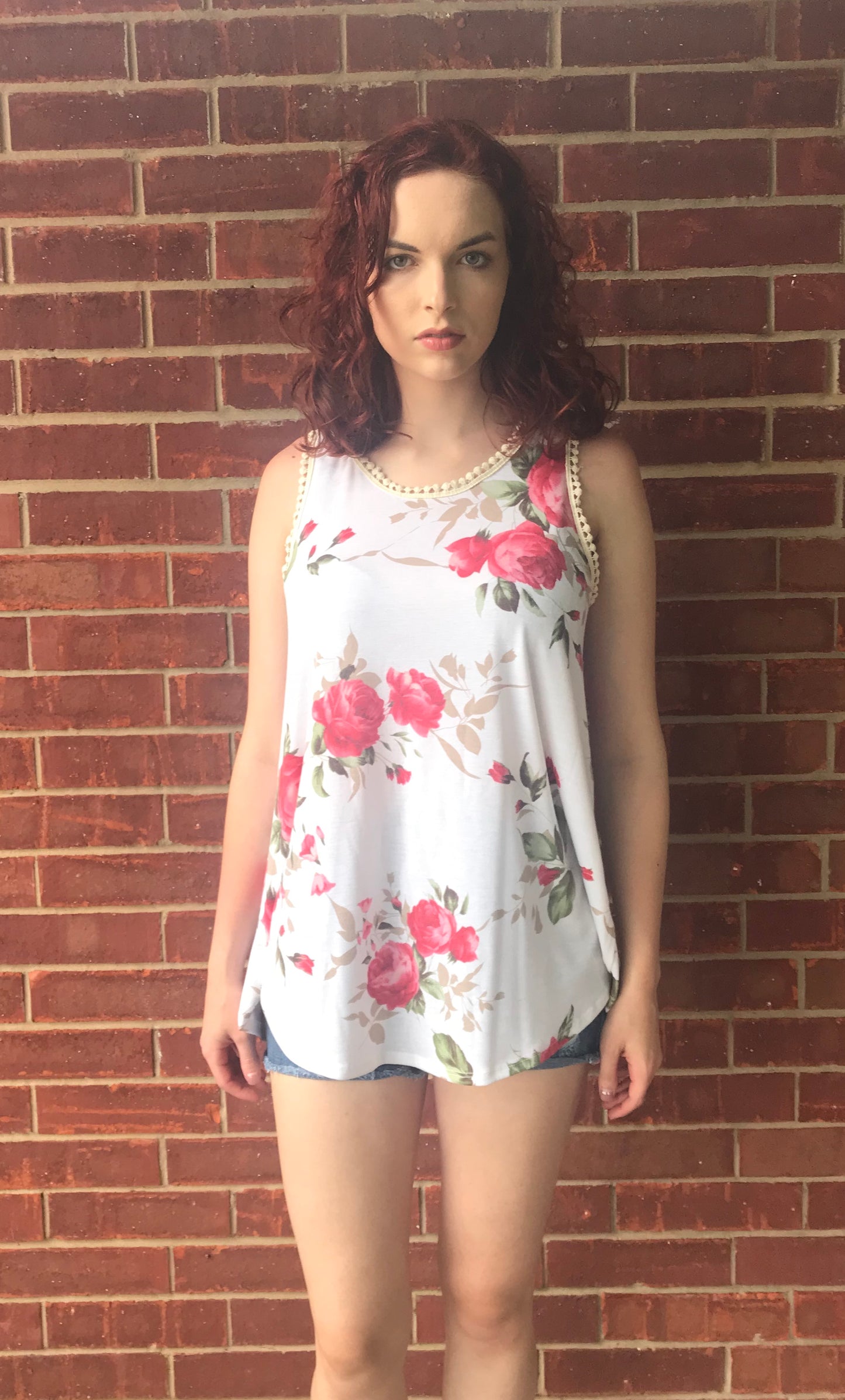 White Floral Sleeveless Top w/Crochet Trim