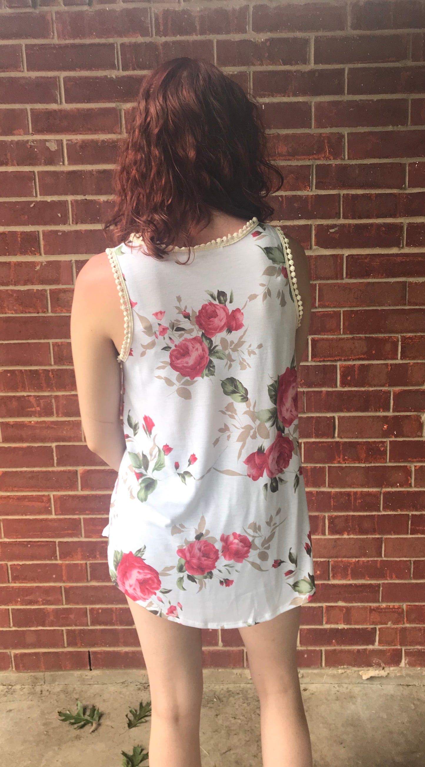 White Floral Sleeveless Top w/Crochet Trim