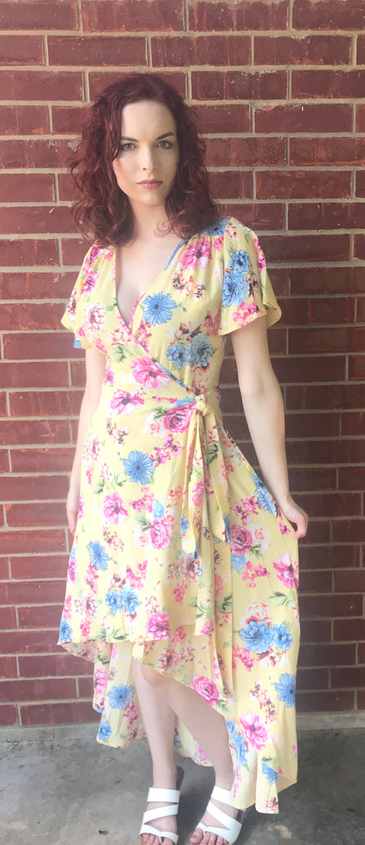 Lemon Floral Maxi Wrap Dress