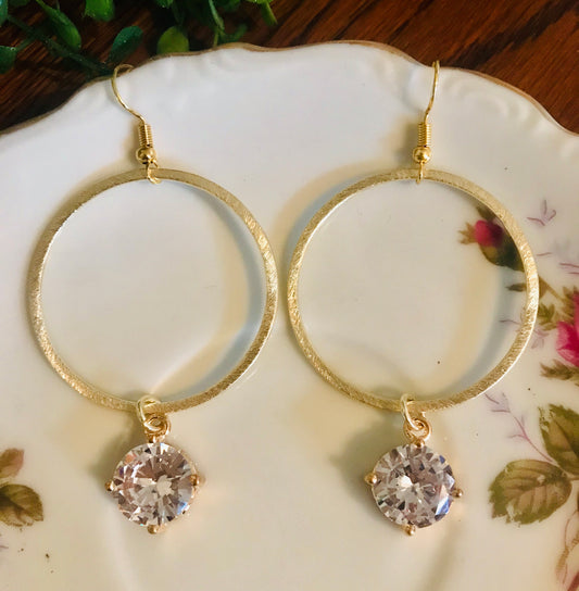 Gold Hoops with Round Stone Earrings