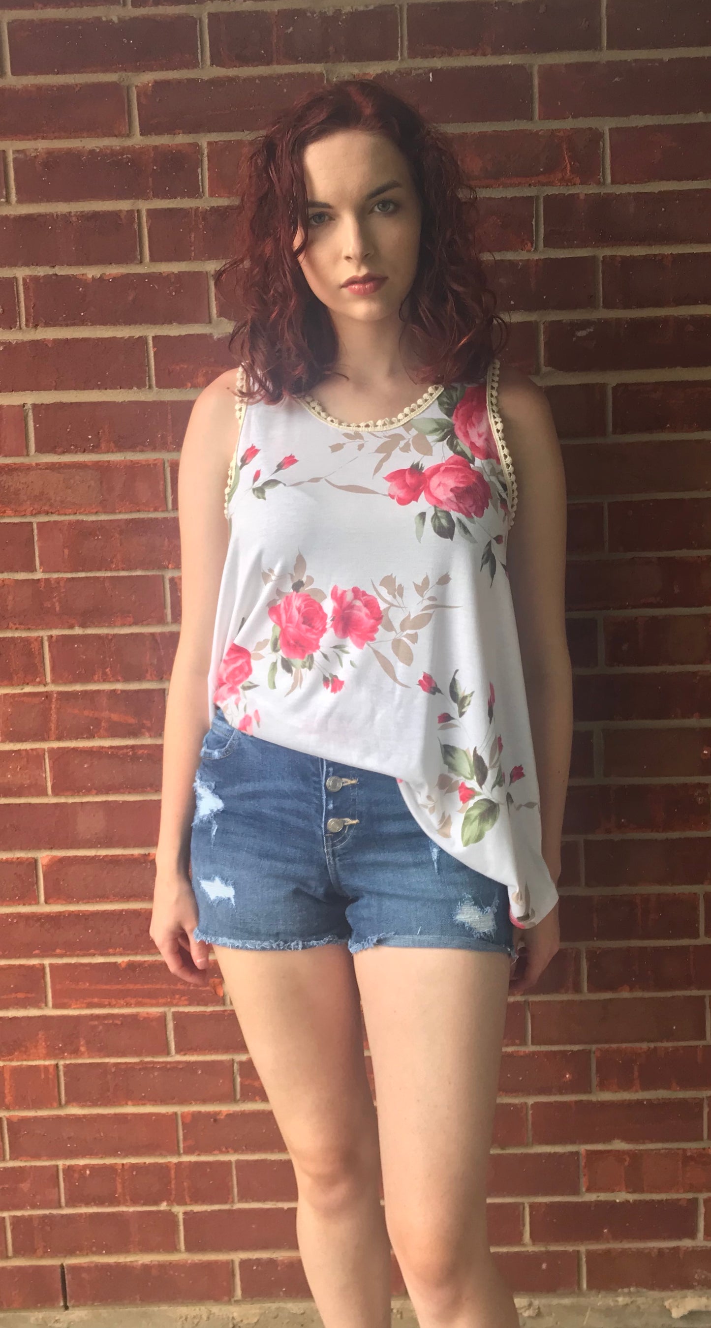 White Floral Sleeveless Top w/Crochet Trim